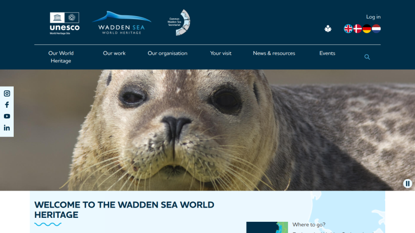 UNESCO Wadden Sea World Heritage site homepage with navigation and close-up seal image