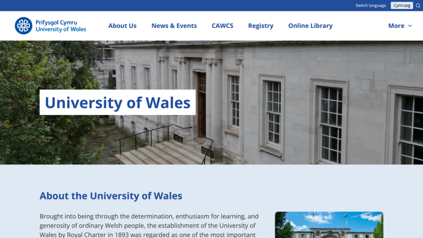 University of Wales homepage with navigation menu and introductory text about the university's establishment and history