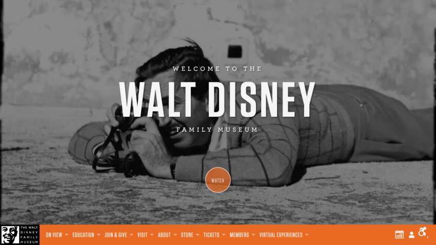 Welcome message for the Walt Disney Family Museum with a photo of Walt Disney.
