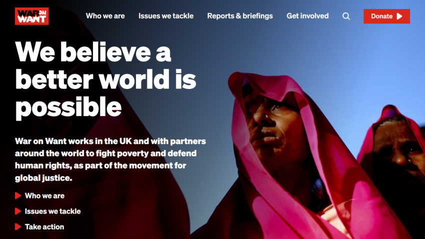 Homepage of War on Want featuring a message about a better world and navigation options.