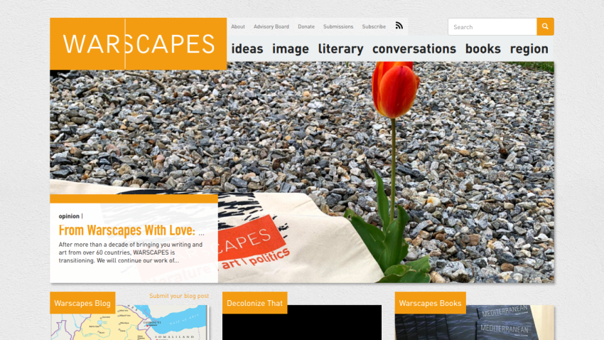 Homepage of Warscapes featuring a tulip on gravel with navigation links and recent updates.