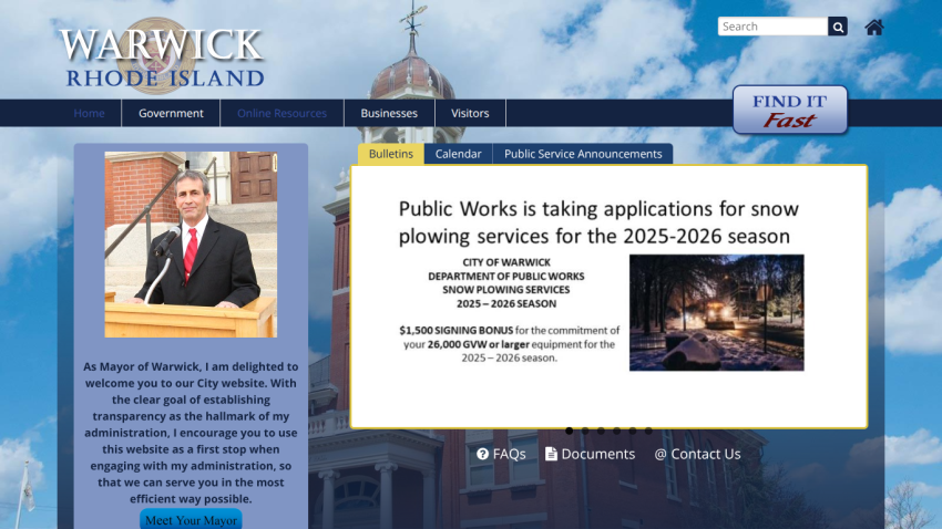 Warwick Rhode Island city website with mayor's welcome message and public works snow plowing applications announcement