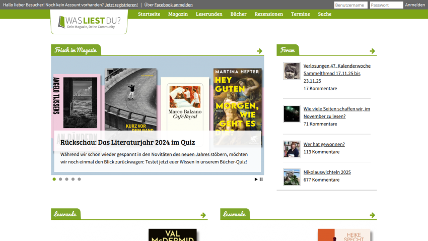 Homepage of a German literature community magazine featuring a quiz on 2024 literature and forum discussion links