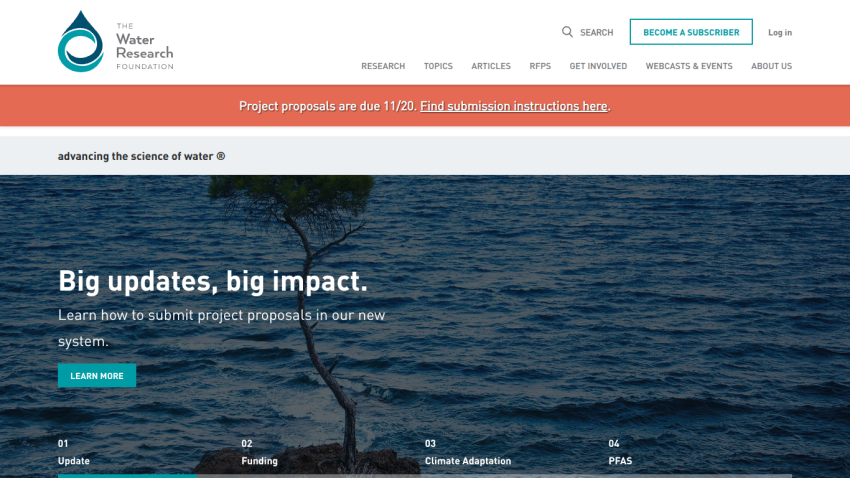Water Research Foundation homepage with announcement banner, navigation menu, and hero section about submitting project proposals