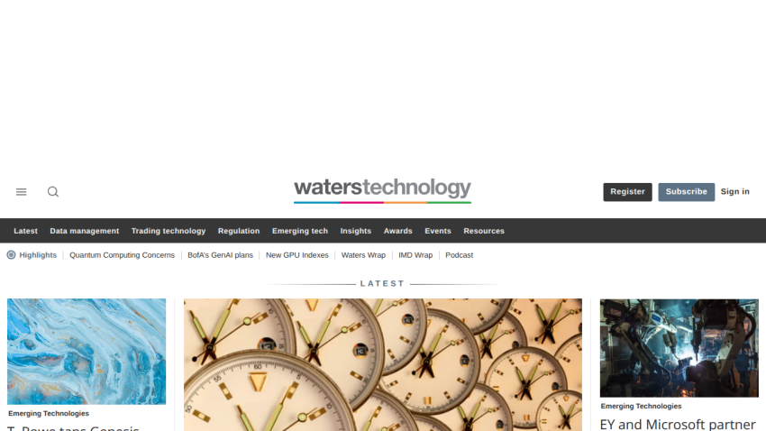 Waterstechnology homepage with navigation menu and latest articles on emerging technologies and finance