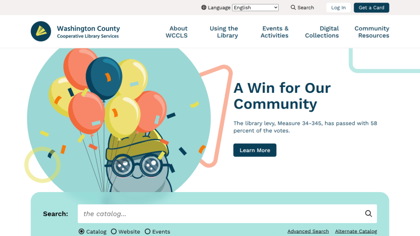 Washington County Cooperative Library Services homepage with announcement about library levy passing and a search bar for catalog, website, and events.