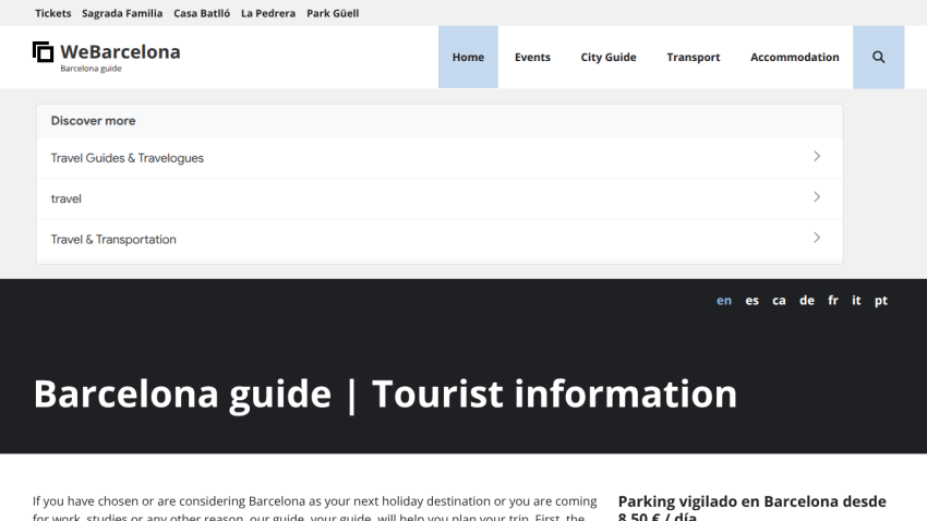 Homepage of WeBarcelona with navigation and introductory text about tourist information.