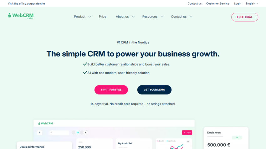 WebCRM homepage with headline about simple CRM for business growth, trial and demo buttons, and partial dashboard image
