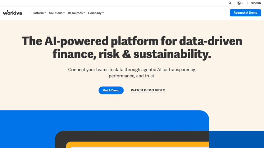 AI-powered platform for data-driven finance, risk, and sustainability with call to action buttons