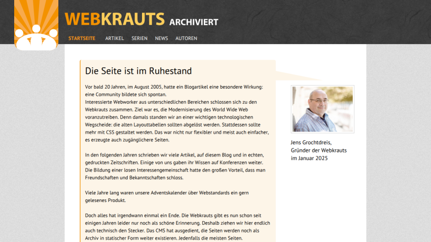 Website header with title 'WEBKRAUTS ARCHIVIERT' and introductory text about the site's status.