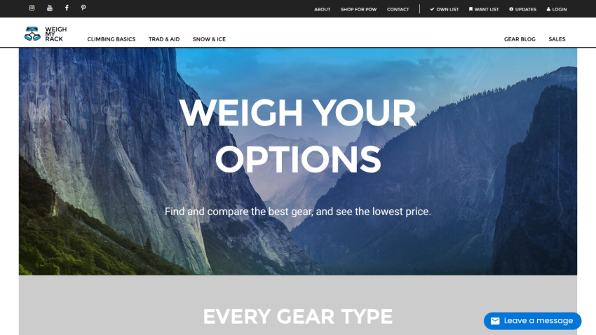 Outdoor gear website homepage with navigation bar and headline 'Weigh Your Options' over mountain background