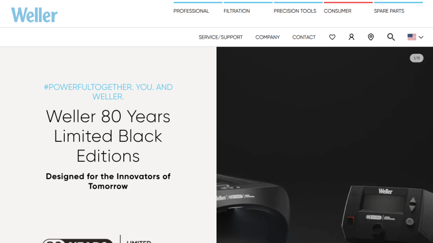 Weller homepage showcasing 80 Years Limited Black Editions with navigation menu and product images