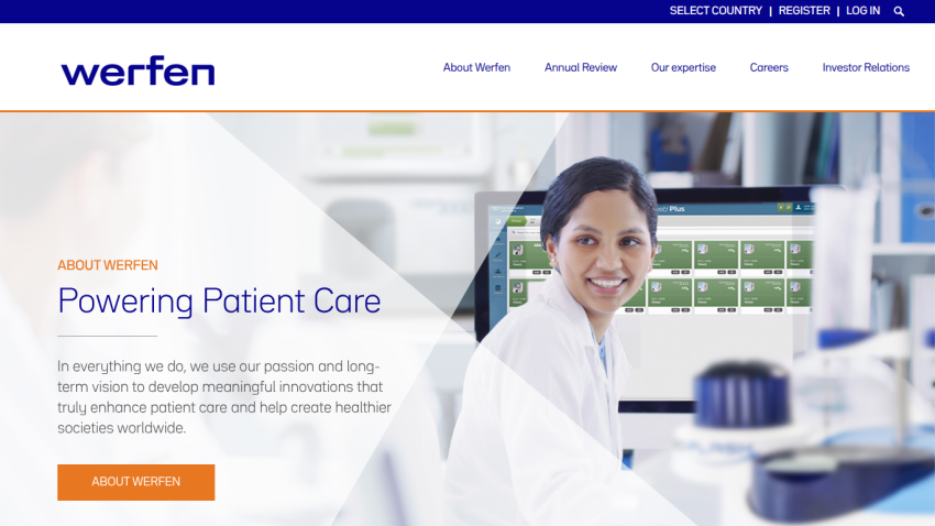 Werfen website hero section with headline 'Powering Patient Care' and a smiling healthcare professional in a lab
