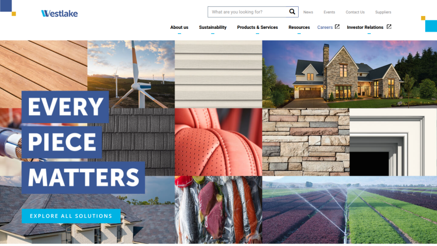 Westlake website hero section with collage of images and text 'Every Piece Matters' and a call-to-action button