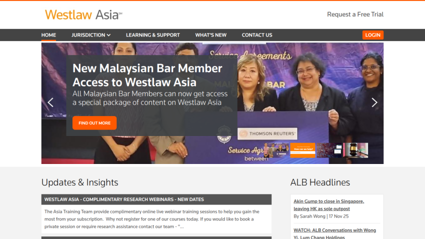 Westlaw Asia homepage with navigation menu, hero banner about Malaysian Bar Member access, and updates and headlines sections