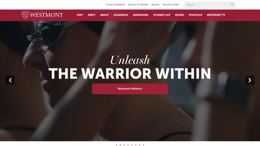 Westmont College homepage featuring the slogan 'Unleash the Warrior Within'.