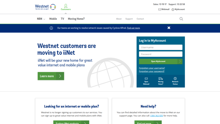 Westnet customers are moving to iiNet; login section and service information displayed.