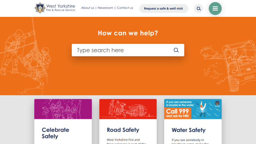 West Yorkshire Fire & Rescue Service homepage with search bar and safety topics including Celebrate Safely, Road Safety, and Water Safety