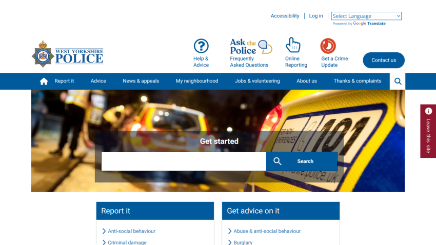 Homepage of the police website featuring a search bar and links to report issues.