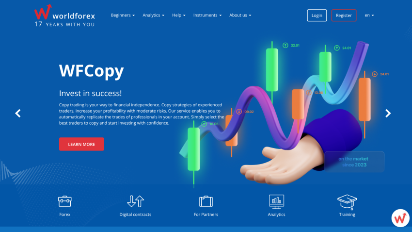 Worldforex WFCopy service promoting copy trading for financial independence with a call to action to learn more