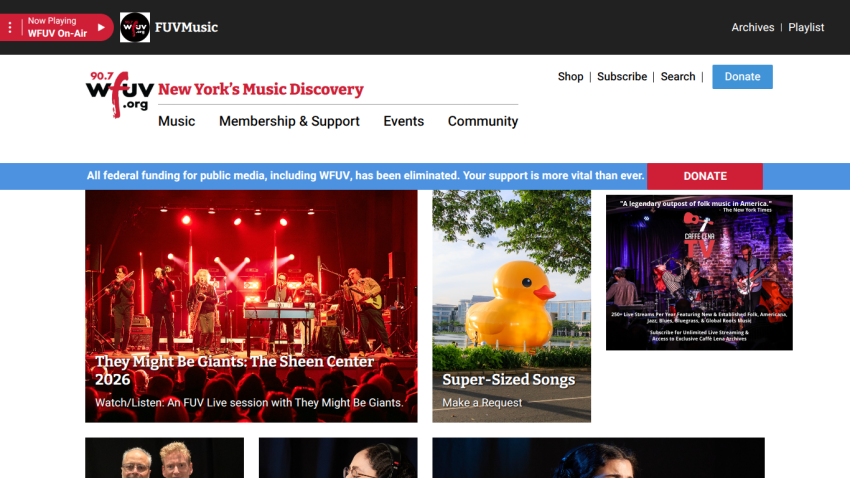 WFUV Music Discovery homepage featuring events and community support information.