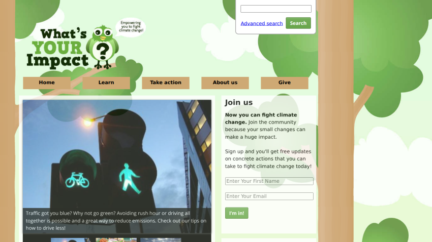 Homepage promoting climate change action with a green theme and navigation options.