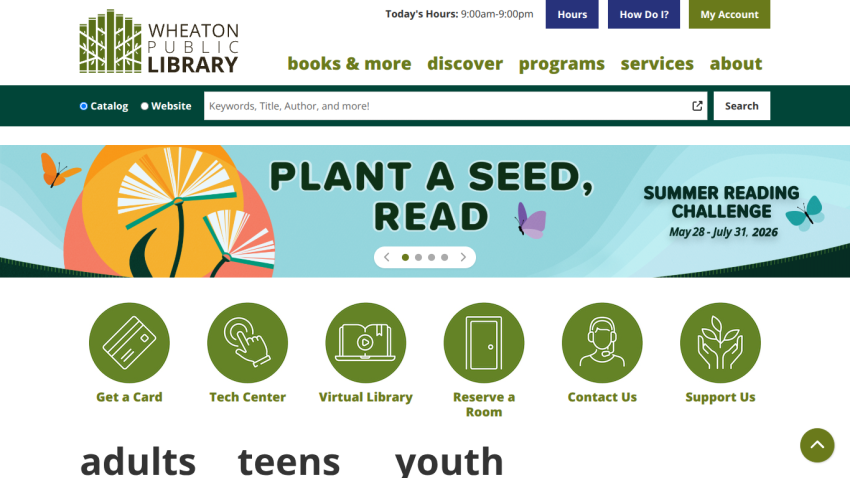 Wheaton Public Library homepage featuring a summer reading challenge banner and navigation options.