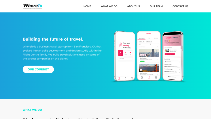 WhereTo business travel startup homepage with navigation, intro text, call-to-action button, and mobile app screenshots on blue background