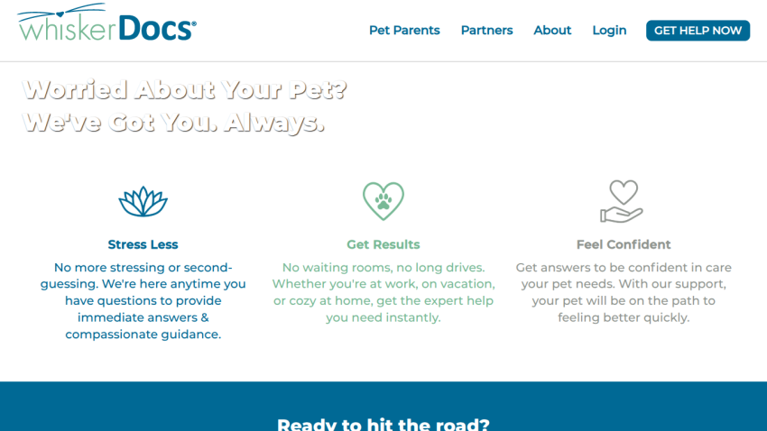 WhiskerDocs pet care service offering stress relief, instant expert help, and confidence for pet parents