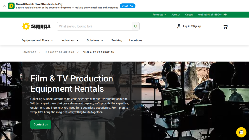 Film & TV production equipment rentals page with contact button and background image of a film crew working.