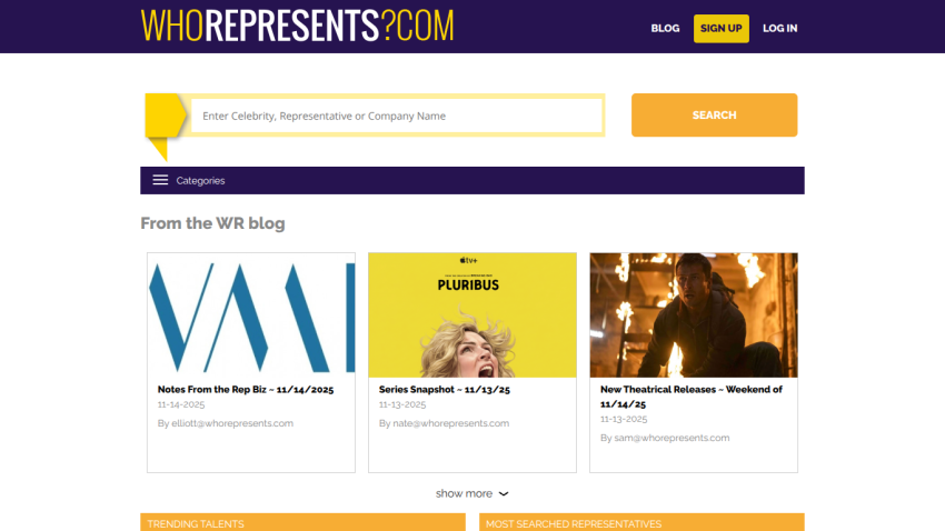 Homepage with search bar for celebrity or company names and blog articles on entertainment industry topics