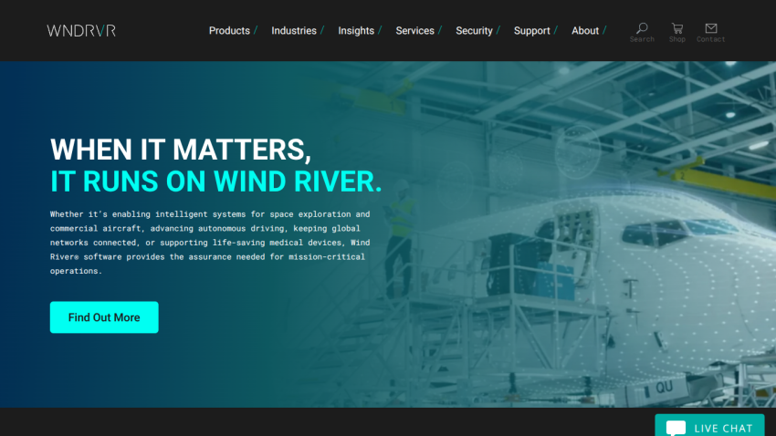 Homepage of Wind River showcasing their intelligent systems for aerospace and defense.