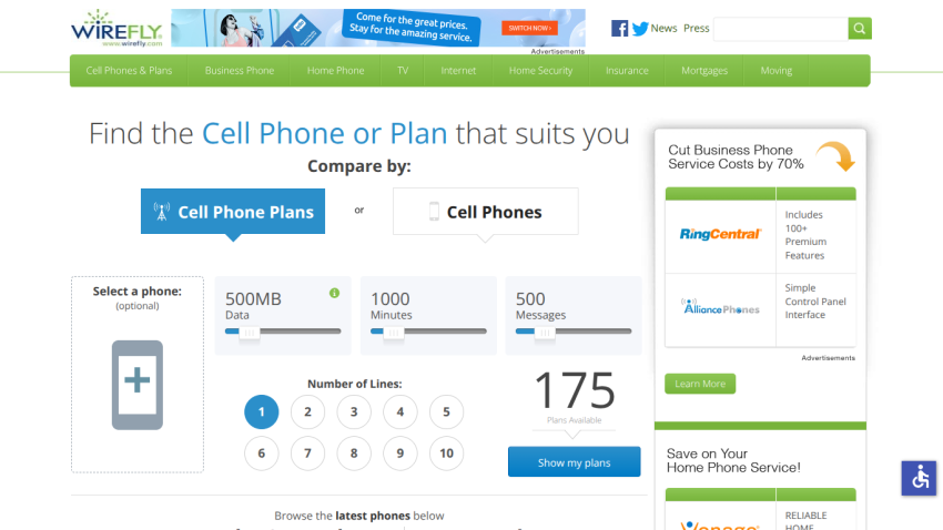 Cell phone plan comparison tool with options for data and number of lines.