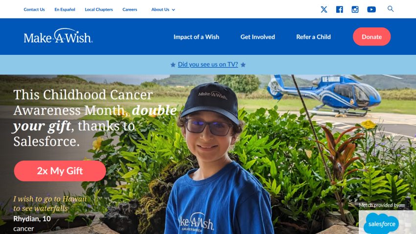 Make-A-Wish campaign promoting Childhood Cancer Awareness Month with a donation prompt.