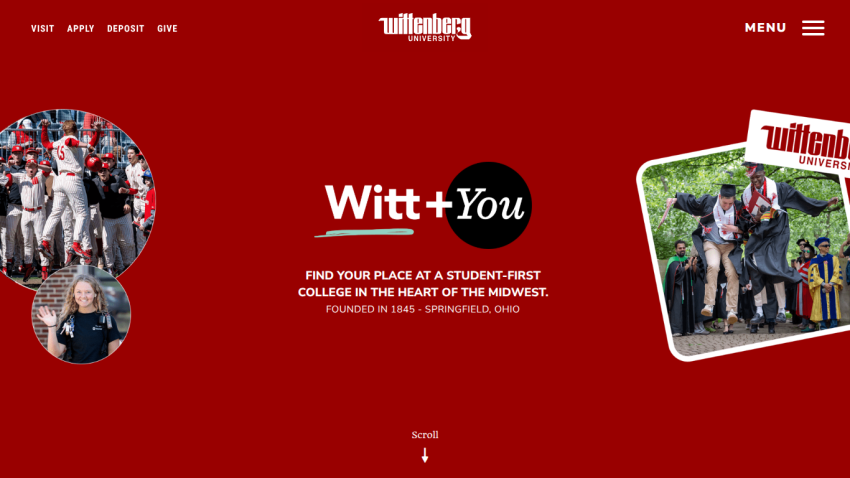 Wittenberg University homepage featuring 'Witt + You' and a call to find your place at a student-first college.