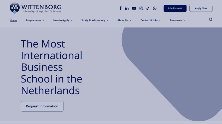 Wittenborg University homepage highlighting it as the most international business school in the Netherlands with request information button