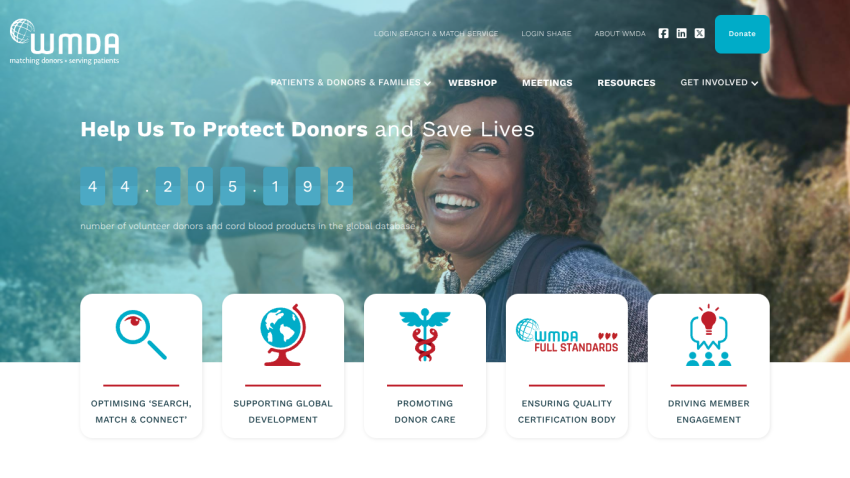 WMDA website promoting donor protection and saving lives with global donor database and key service icons