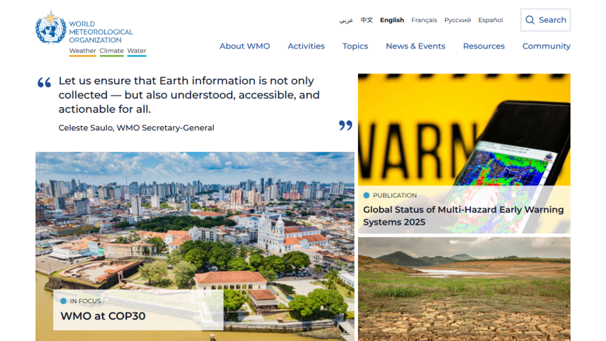 World Meteorological Organization homepage with headline on Earth information accessibility and images of city and warning poster
