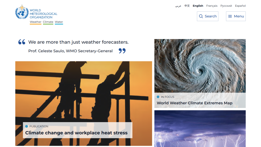 Homepage of the World Meteorological Organization featuring climate change information and a quote from the Secretary-General.