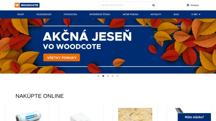 Woodcote website with autumn promotion banner and online shopping section featuring construction materials.