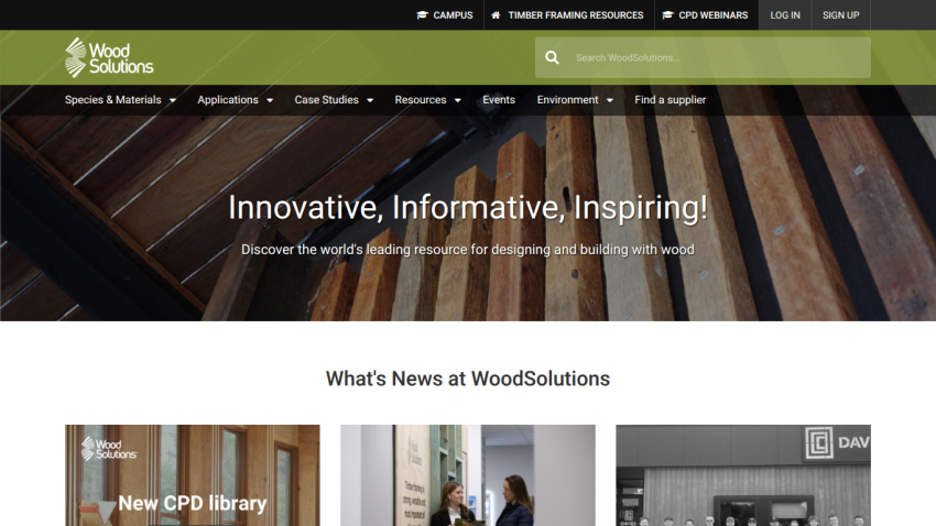 Wood Solutions homepage with navigation, search bar, and hero text about designing and building with wood