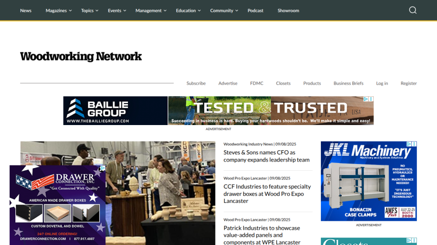 Woodworking Network homepage featuring articles, products, and advertisements.