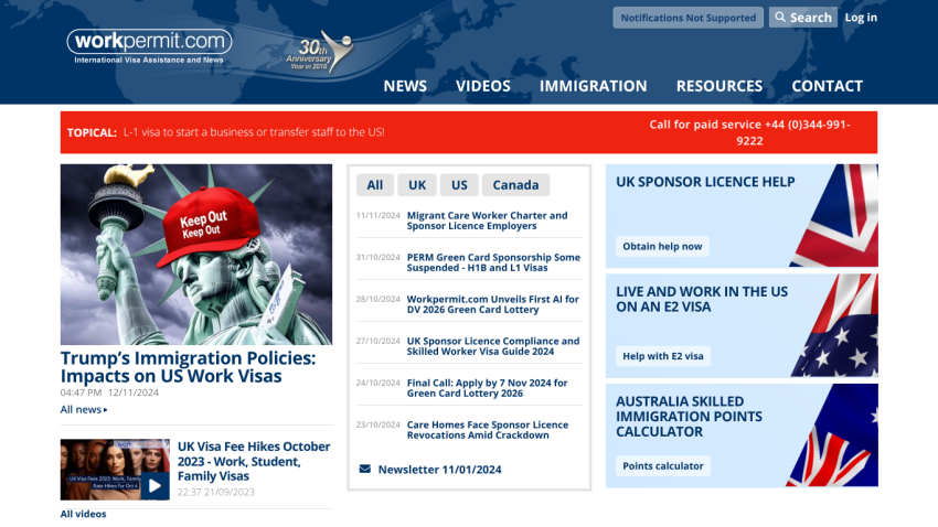 Homepage of WorkPermit.com featuring news on US work visas and immigration policies.