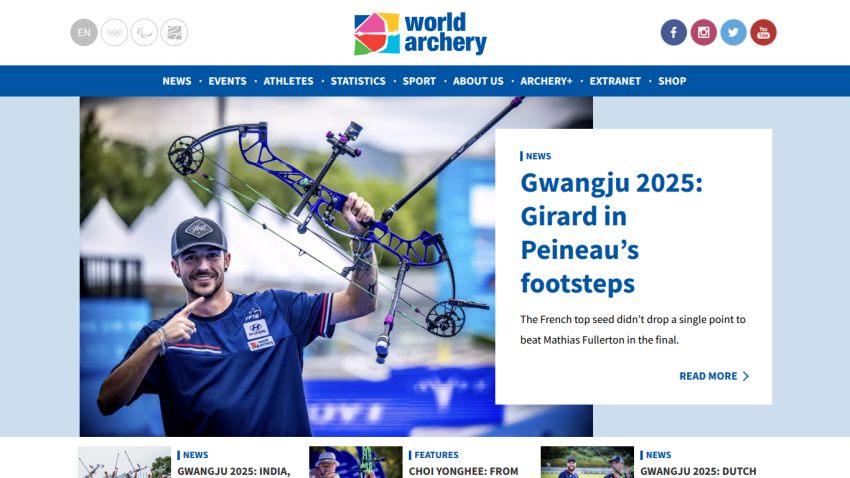 World Archery homepage featuring news about Gwangju 2025 and an athlete with a bow.