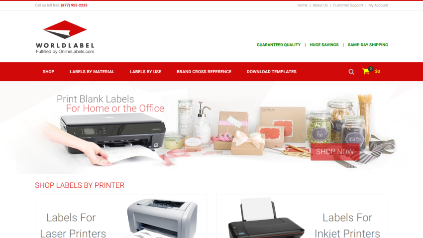 Worldlabel website offering blank labels for home or office printing with guaranteed quality and same-day shipping