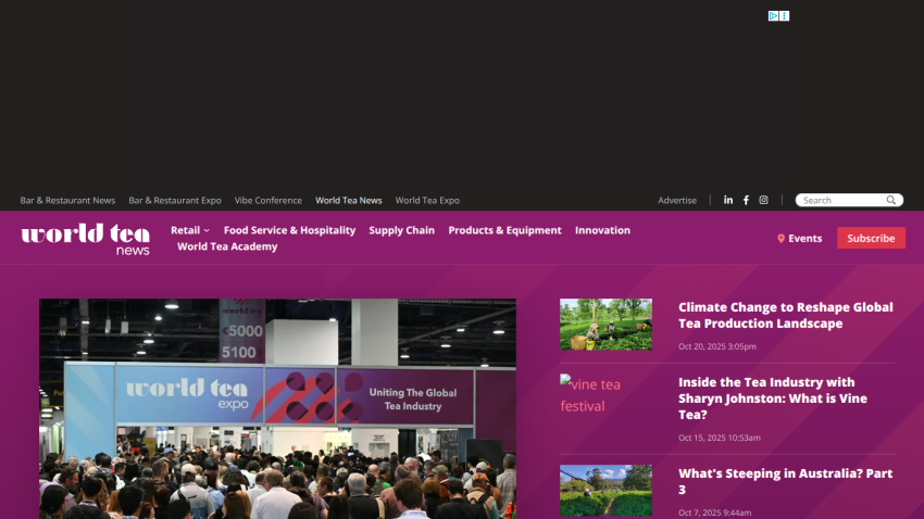 World Tea News homepage with navigation, event image, and recent articles on tea industry topics