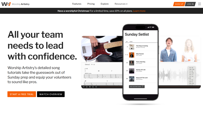 Worship Artistry homepage with headline about leading teams confidently and detailed song tutorials, call-to-action buttons, and a phone displaying app features