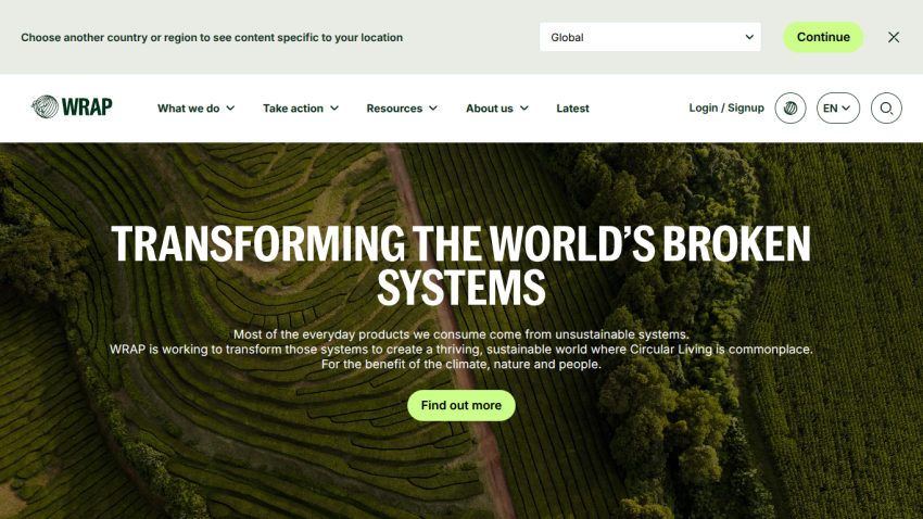 Homepage of WRAP with a focus on transforming broken systems and a call to action button.