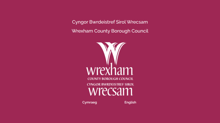 Wrexham County Borough Council logo with language options in Welsh and English on maroon background