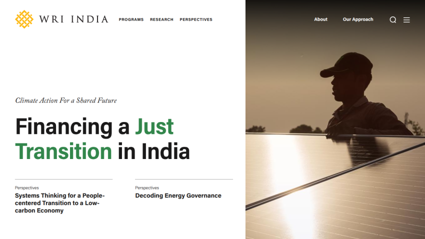 WRI India website hero with headline Financing a Just Transition in India and a silhouette of a person with solar panels
